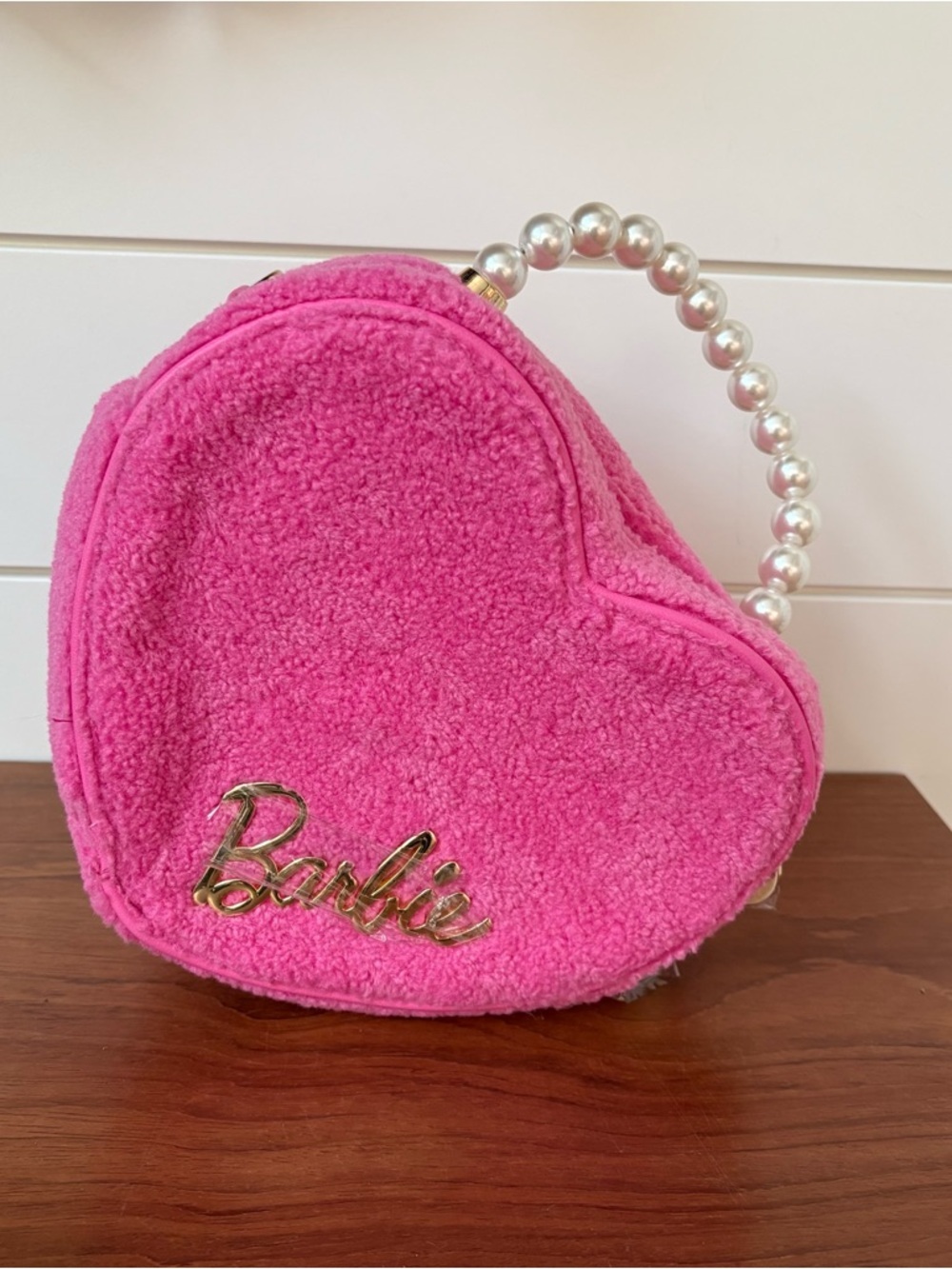 Our Universe Barbie Heart Figural Pink Fuzzy Purse Bag Pearls Exclusive NWOT